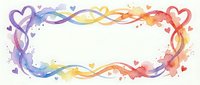 Watercolor rainbow heart border frame with flowing ribbons and small hearts on white background for romantic designs and wedding invitations.