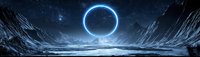 Glowing blue ring illuminates dark alien landscape with jagged mountain peaks and icy terrain against starry night sky, creating mystical sci-fi atmosphere.