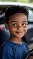 Young African American child wearing navy blue t-shirt smiling warmly at camera with natural curly hair and bright expression, car interior background creates depth in portrait.