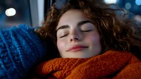 Young woman with curly reddish-brown hair and fair complexion resting peacefully while wearing cozy blue and orange knit sweaters, eyes closed in relaxation.
