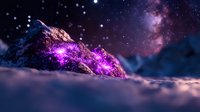 Mystical glowing purple crystal formation against starry night sky background with ethereal mist and cosmic atmosphere creates magical fantasy landscape.