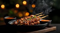 Grilled chicken yakitori skewers with teriyaki glaze steaming on black plate, garnished with green onions. Served with spicy dipping sauces in moody lighting.