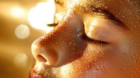 Close up profile of wet face with water drops and golden sunlight creating glowing skin effect, artistic beauty portrait with bokeh background and sparkles.