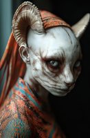 Mystical creature portrait with horns and feline features against dark background, wearing ornate orange and turquoise garments. Dramatic lighting enhances otherworldly appearance.