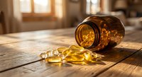 Amber glass bottle spilling golden vitamin capsules on wooden table with warm sunlight streaming through window creating natural healthcare scene.