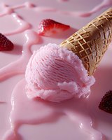 Creamy strawberry ice cream scoop in waffle cone surrounded by fresh berries and pink melted cream creating smooth swirls on pink surface.