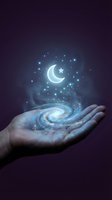 Hand holding glowing spiral galaxy with crescent moon and star above against dark purple background for mystical spiritual design concepts.