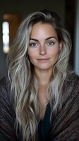 Young Caucasian woman with long platinum blonde hair and blue eyes wearing brown wrap shawl smiling at camera in soft natural lighting, portrait style photography.