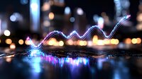 Glowing neon wave line with vibrant blue and purple reflections on wet surface against blurred city lights bokeh background at night, abstract urban scene.