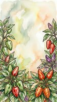 Watercolor illustration of chili pepper plants with red, orange, and purple peppers on green foliage against soft yellow and green wash background. Isolated botanical artwork suitable for culinary designs.