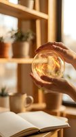 Hands holding glowing crystal ball with golden light above open book in warm sunlit room with wooden shelves and plants creating magical atmosphere.