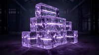 Purple glowing ice cubes stacked in pyramid formation in dark industrial warehouse with dramatic lighting effects for creative design projects.