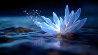 Glowing blue water lily floating on dark rippling water with magical sparkles and ethereal light effects creating mystical atmosphere for spiritual designs.
