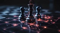 Chess king piece standing on glowing network pattern with pawns in background, representing strategy, leadership and digital transformation in business concept.