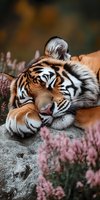 Sleeping tiger resting peacefully among pink wildflowers on rocky surface, close-up portrait showing detailed fur pattern and facial features in natural environment.