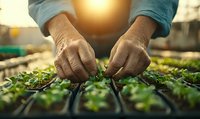 Senior Asian farmer's hands tending to young seedlings in greenhouse nursery trays during sunrise, showing sustainable agriculture and organic farming practices.