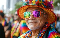 Senior man wearing colorful rainbow attire, straw hat with flowers, and reflective sunglasses at pride festival celebration, expressing joy with genuine smile.