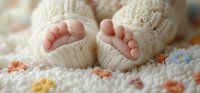 Tiny newborn baby feet in white knitted booties resting on soft floral blanket, close-up view capturing tender moment of infancy and new life.