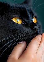 Close-up portrait of black cat with bright yellow eyes being gently petted, showing detailed fur texture and mesmerizing gaze against dark background.