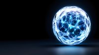 Glowing blue energy sphere with lightning effects and plasma streams on dark background, floating with ethereal light reflection beneath.