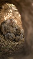 Mother rabbit with baby bunnies in burrow nest surrounded by warm sunlight filtering through natural habitat creating tender family moment.