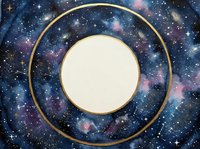 Watercolor galaxy background with gold circle frame and blank center space for text, featuring stars, nebula, and deep blue cosmic tones.