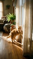 Ginger tabby cat standing in sunlit hallway near window with sheer curtains, potted fern plant and couch visible in warm home interior setting.