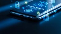 Smartphone displaying cybersecurity interface with glowing padlock icons and fingerprint scanner for mobile data protection and digital safety.