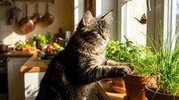 Tabby cat sitting among potted herbs on sunny kitchen windowsill with cooking utensils and fresh vegetables in background. Domestic feline enjoying indoor garden.