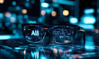 Smart glasses displaying augmented reality interface with digital data and text overlay on lenses against blurred city lights in dark blue atmosphere.