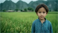 Young Asian boy in traditional blue shirt standing in green rice field with mountains in background, rural countryside landscape agriculture farming.