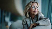 Mature businesswoman with glasses and blonde hair smiling during professional conversation, showcasing confidence and approachability in corporate setting.