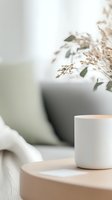 Minimalist cozy home scene with white ceramic cup on wooden table, dried flowers in vase, and soft green cushions creating serene atmosphere.