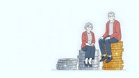 Senior couple sitting on stacks of coins planning retirement savings and financial security for future investment goals.