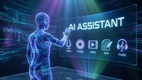 Futuristic holographic AI assistant interface with digital human figure interacting with multimedia icons in cyberpunk technology environment.