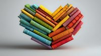 Colorful books arranged in heart shape on gray background, symbolizing love for reading and education. Creative library concept for learning and literature.