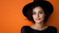 Young woman with curly hair wearing black hat and top against vibrant orange background, creating striking contrast for fashion, beauty, or lifestyle content.