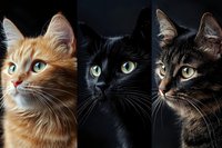 Three majestic cats with striking eyes in profile view - ginger, black, and tabby cats against dark background showing distinct feline features and expressions.