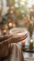 Close-up of a hand holding a glowing orb of light against a blurred festive background with warm bokeh and holiday decorations, symbolizing hope, magic, and spiritual energy.