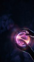Hands protecting glowing pink energy sphere with light trails on dark background for technology and innovation concepts.
