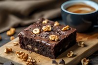 Rich chocolate brownie topped with walnuts on wooden cutting board, served with coffee cup in background. Dark moody food photography with selective focus.