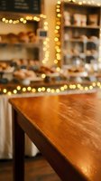 Wooden counter surface in focus with warm golden string lights blurred in background, creating cozy cafe or retail shop atmosphere for holiday and seasonal marketing.