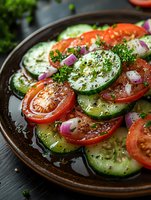 Fresh cucumber and tomato salad garnished with red onion, herbs and seasonings on dark ceramic plate, close up view of healthy Mediterranean appetizer.
