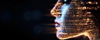 Glowing particles form luminous female profile silhouette against dark background, digital transformation concept showing technology advancement and artificial intelligence.