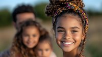 Young African American woman with bright smile and floral headband in foreground, blurred family members in background create depth of field effect in outdoor setting.