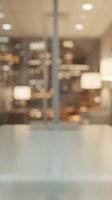 Blurred modern office interior with glass partition, recessed ceiling lights, and contemporary workspace design for corporate backgrounds.