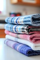 Stack of colorful plaid cotton kitchen towels in blue, red, pink and purple patterns, neatly folded on white surface.