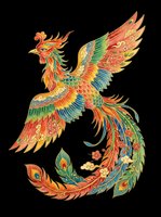 Ornate phoenix bird with vibrant orange, green, and gold plumage isolated on transparent background. Ready for t-shirt design, clipart, stickers, sublimation, and print-on-demand products.