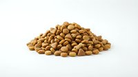 Pile of brown dry pet food kibble isolated on white background for animal nutrition and feeding concepts.