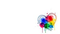 Colorful paint splashes forming heart shape with rainbow colors and artistic drips on white background for creative design projects.